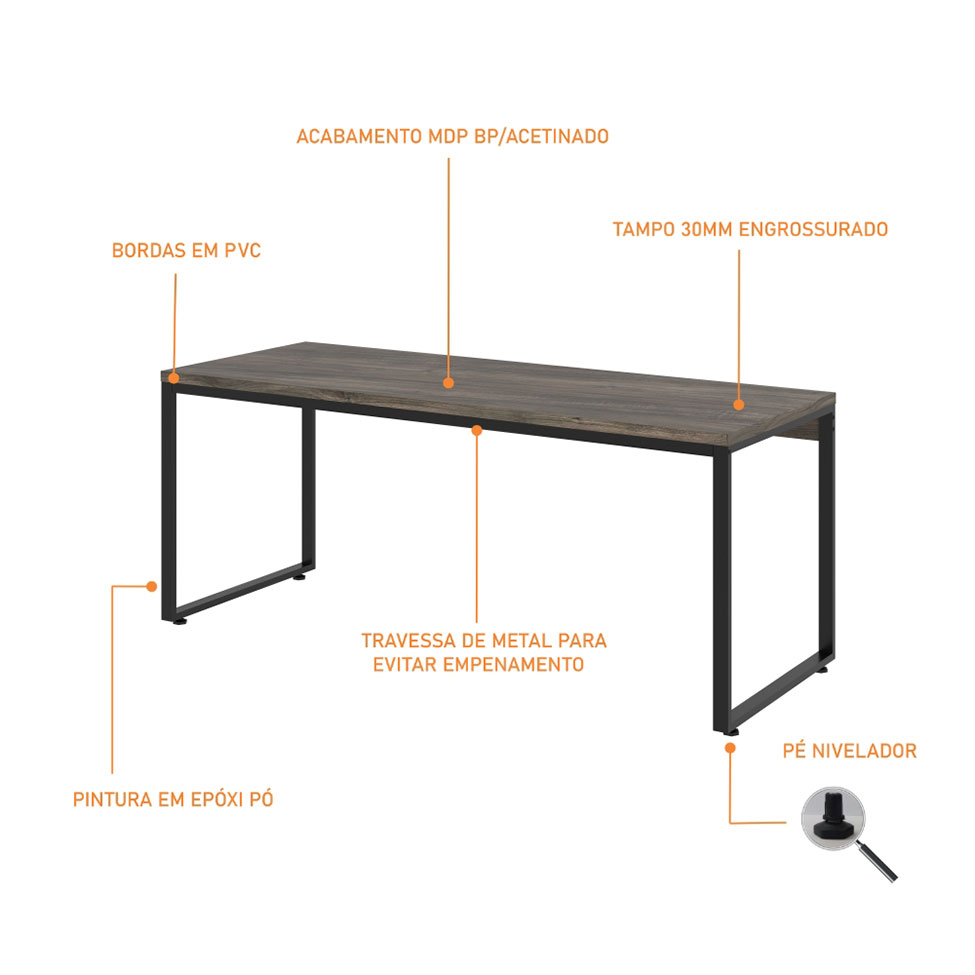 Mesa de Escritório Kuandra Carvalho Dark e Preta