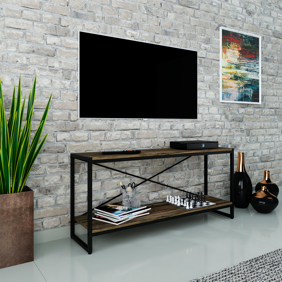 Rack Studio Carvalho Dark e Preto 120 cm