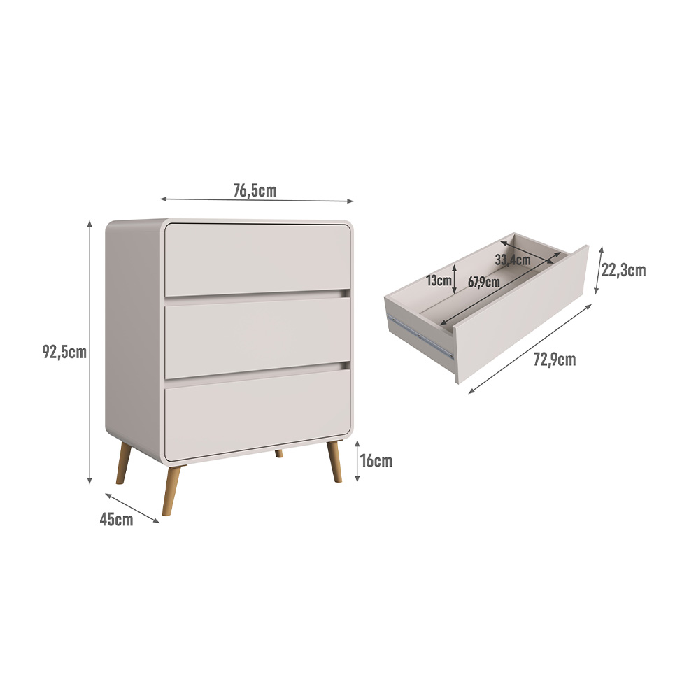 Cômoda Infantil Curve 3 Gavetas Bege Dunas