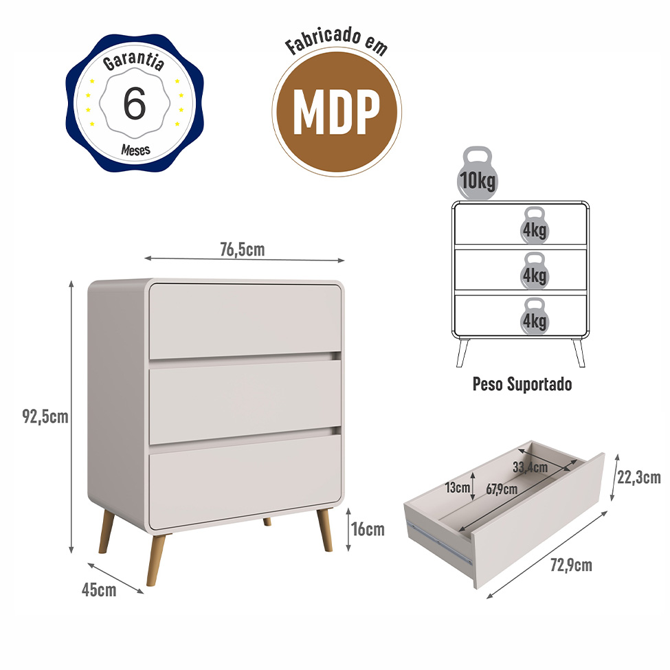 Cômoda Infantil Curve 3 Gavetas Bege Dunas