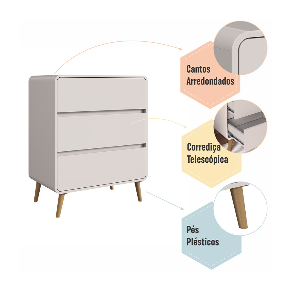 Cômoda Infantil Curve 3 Gavetas Bege Dunas
