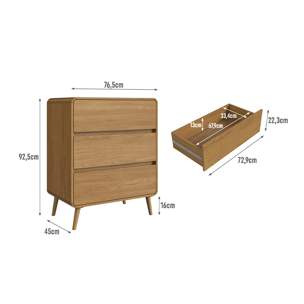 Cômoda Infantil Curve 3 Gavetas Carvalho Xingu