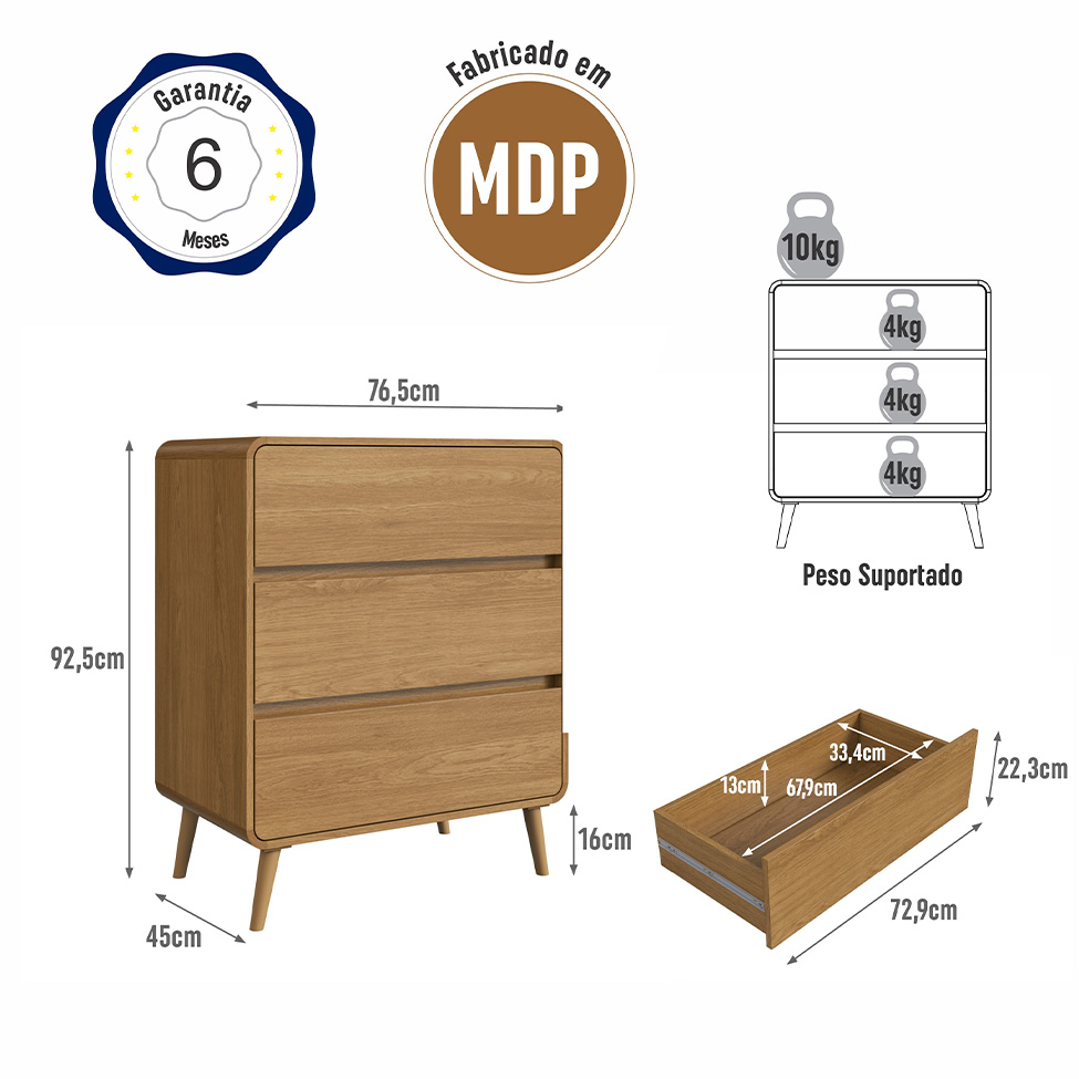 Cômoda Infantil Curve 3 Gavetas Carvalho Xingu