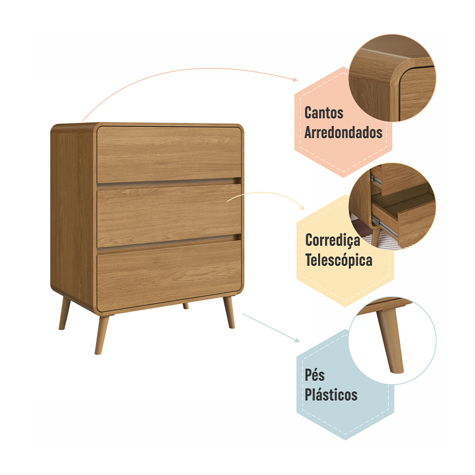 Cômoda Infantil Curve 3 Gavetas Carvalho Xingu