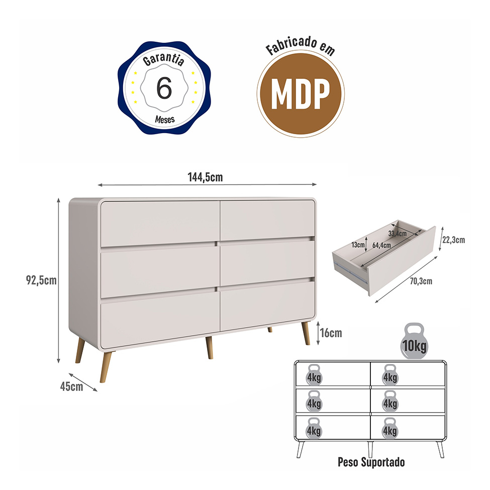 Cômoda Infantil Curve 6 Gavetas Bege Dunas