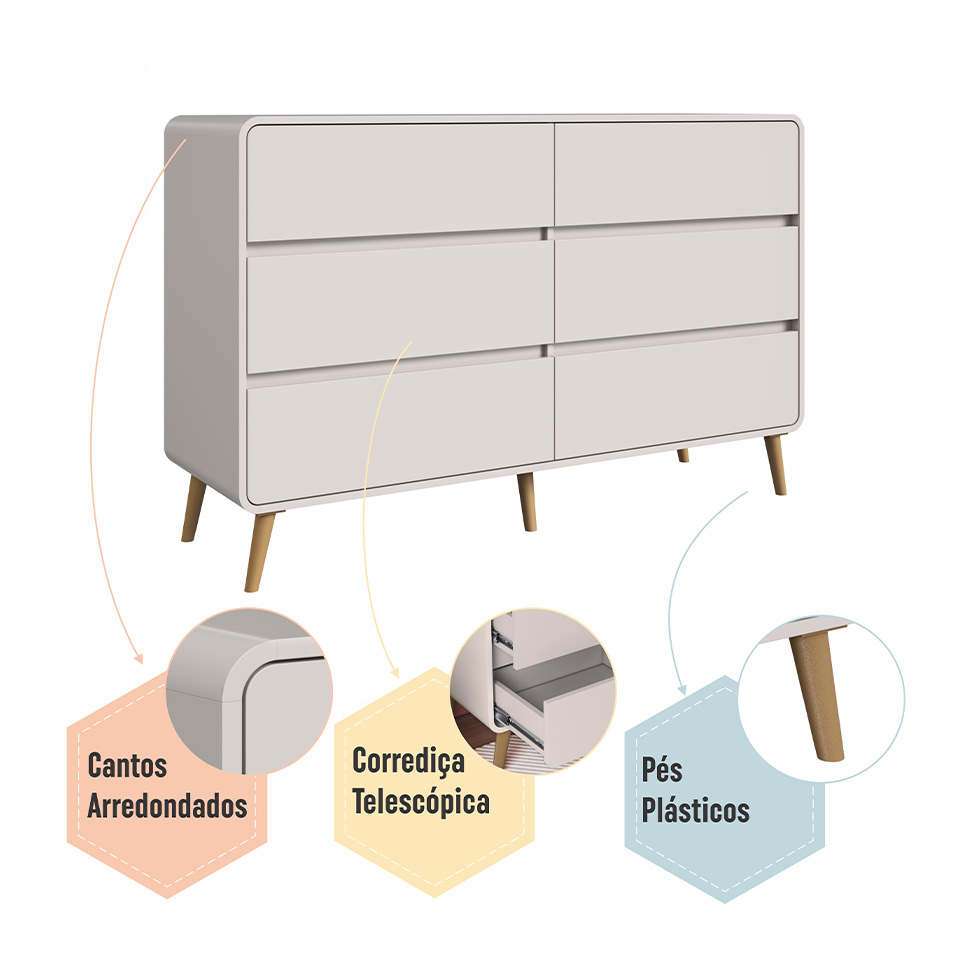 Cômoda Infantil Curve 6 Gavetas Bege Dunas