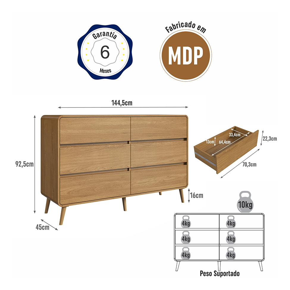 Cômoda Infantil Curve 6 Gavetas Carvalho Xingu