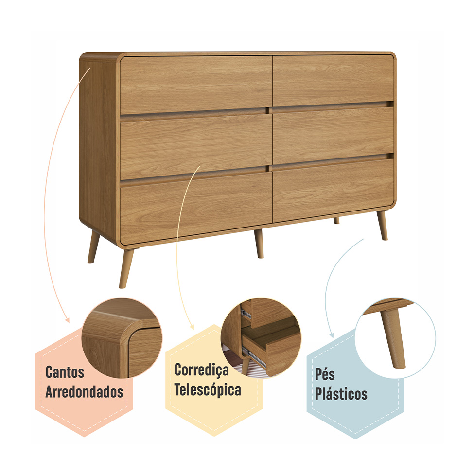 Cômoda Infantil Curve 6 Gavetas Carvalho Xingu