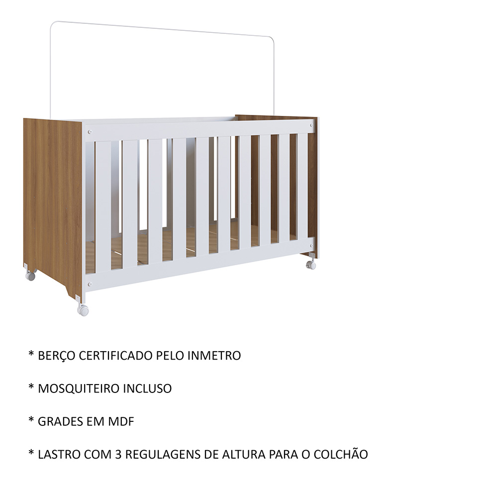 Berço Aconchego com Rodízios Branco e Nogal