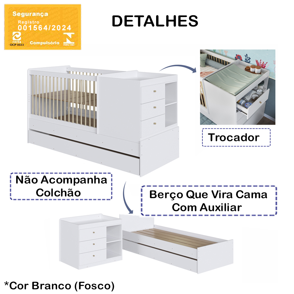 Berço Cama Multifuncional Com Auxiliar BB023 Branco Comm