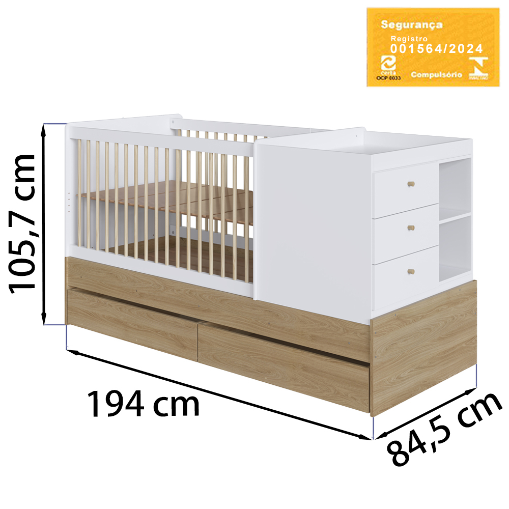Berço Cama Multifuncional Com Gavetoes BB024 Aveiro OAK Branco Comm