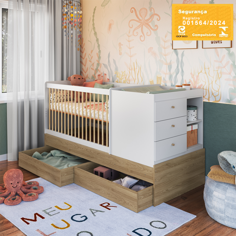 Berço Cama Multifuncional Com Gavetoes BB024 Aveiro OAK Branco Comm