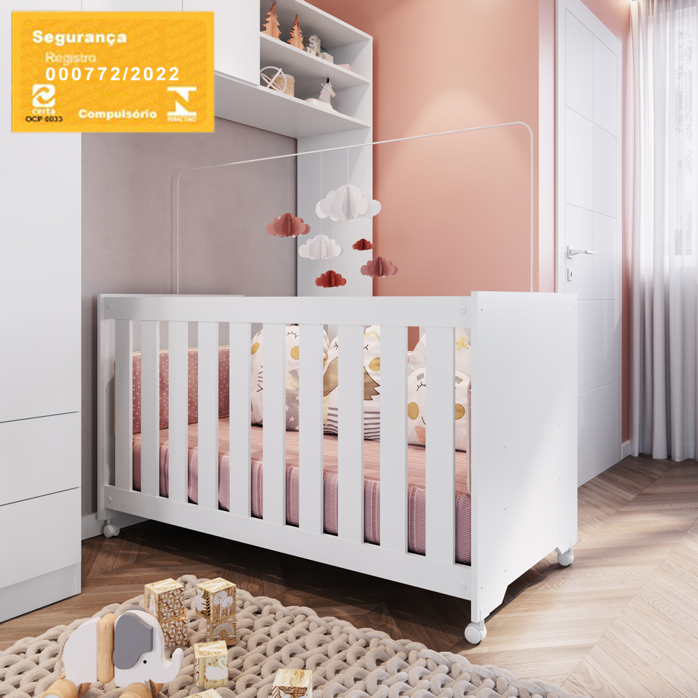 Berço Com Colchao E Rodizios LA012 Branco Comm