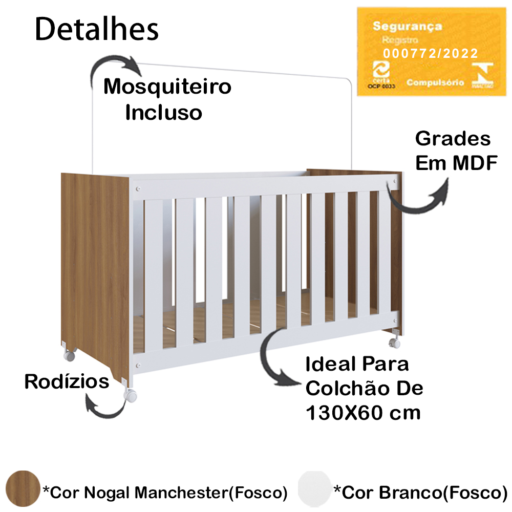 Berço Com Colchao E Rodizios LA012 Nogal Manchester Branco Comm