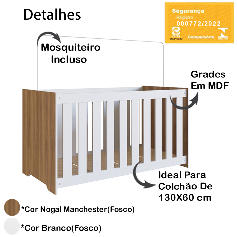 Berço Com Mosquiteiro LA001 Nogal Manchester Branco Comm