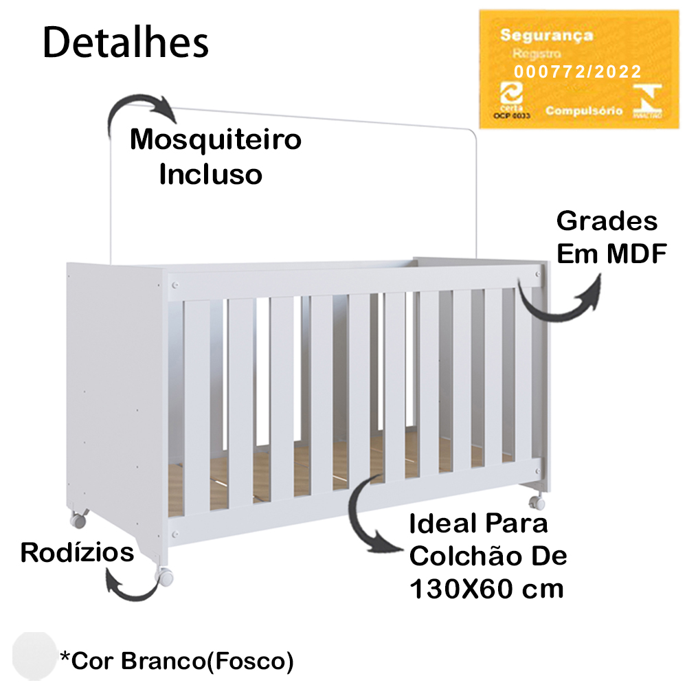 Berço Infantil Com Rodizios LA002 Branco Comm