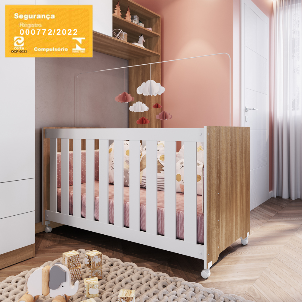Berço Infantil Com Rodizios LA002 Nogal Manchester Branco Comm