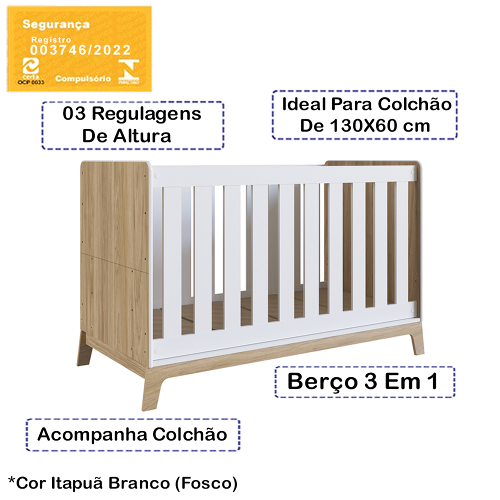 Berço Mini Cama 3 Em 1 Com Colchao FM011 Itapua Branco Comm