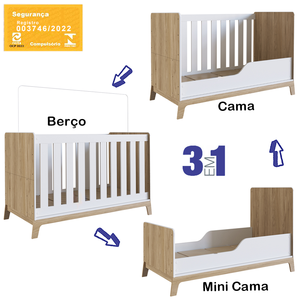 Berço Mini Cama 3 Em 1 Com Colchao FM011 Itapua Branco Comm