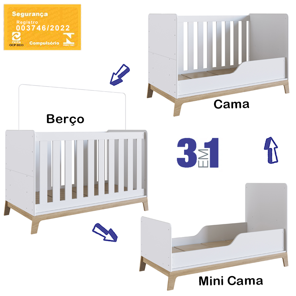 Berço Mini Cama 3 Em 1 FM001 Branco Comm