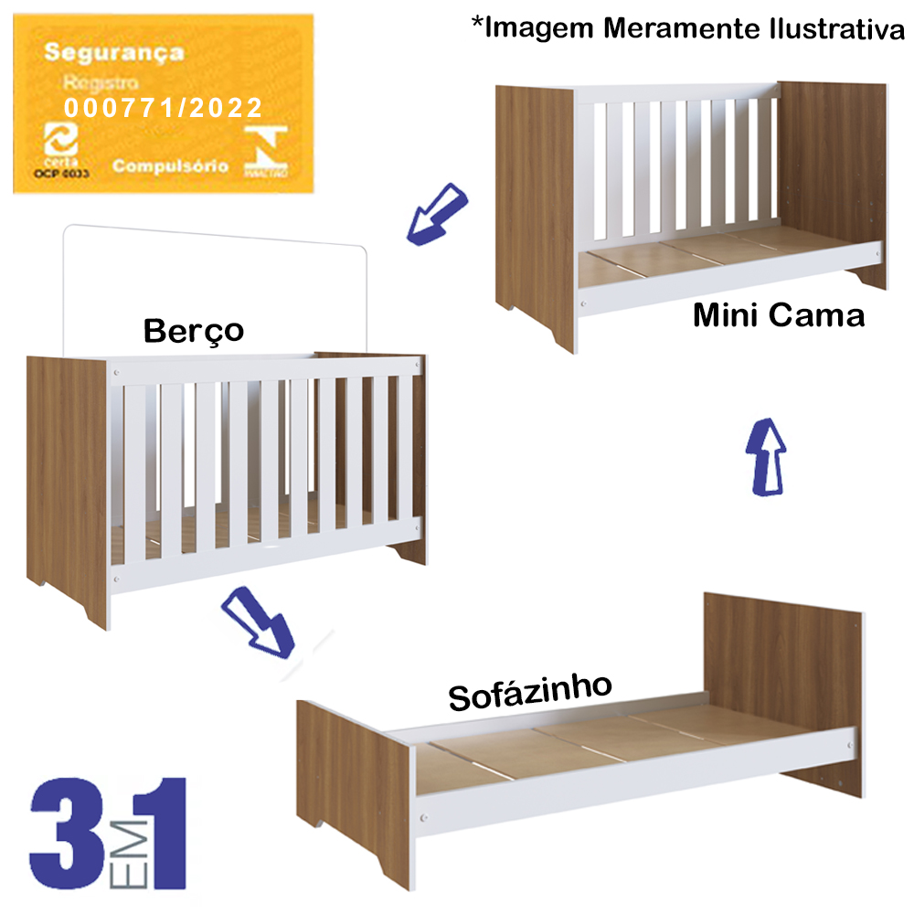Berço Mini Cama 3X1 Com Colchao LA013 Nogal Manchester Branco Comm