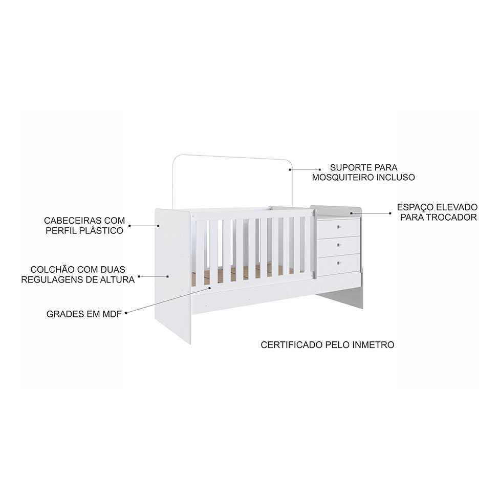 Berço Minicama com Cômoda Eva Branco