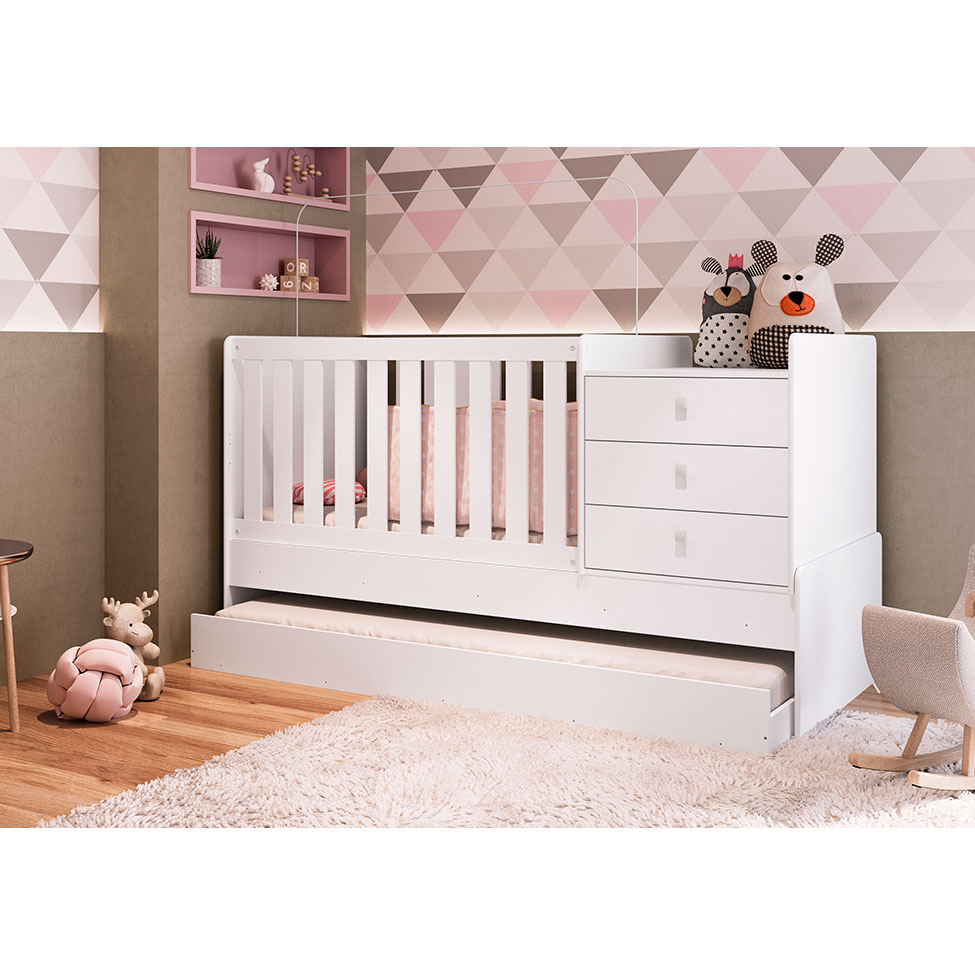 Berço Minicama com Cômoda e Cama Auxiliar Ruth Branco