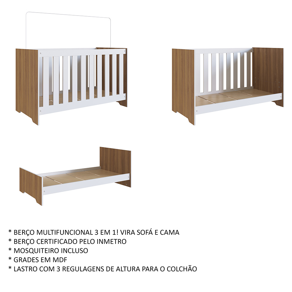 Berço Multifuncional Aconchego Branco e Nogal