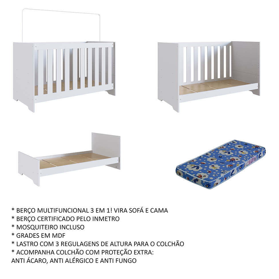 Berço Multifuncional com Colchão (130x60cm) Aconchego Branco