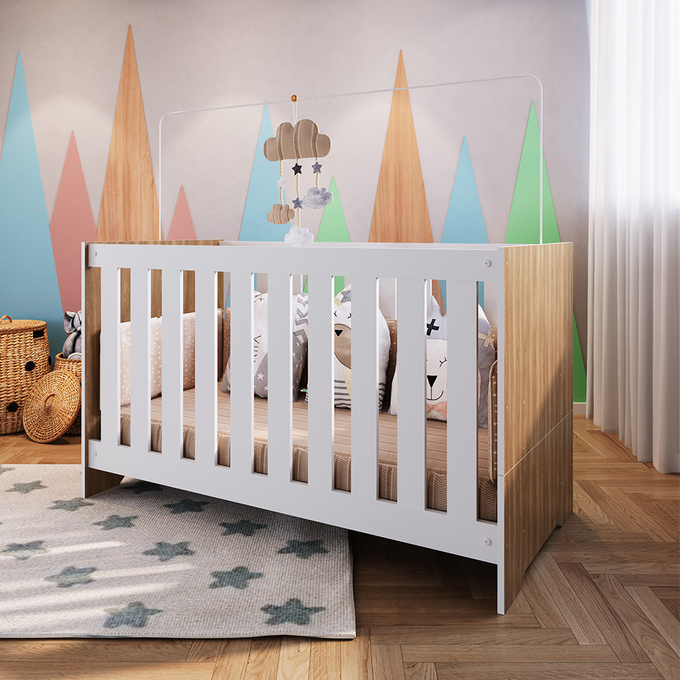 Berço Multifuncional com Colchão Aconchego (130x60cm) Branco e Nogal