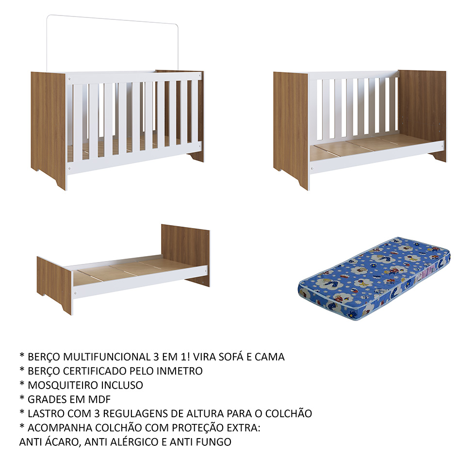 Berço Multifuncional com Colchão Aconchego (130x60cm) Branco e Nogal