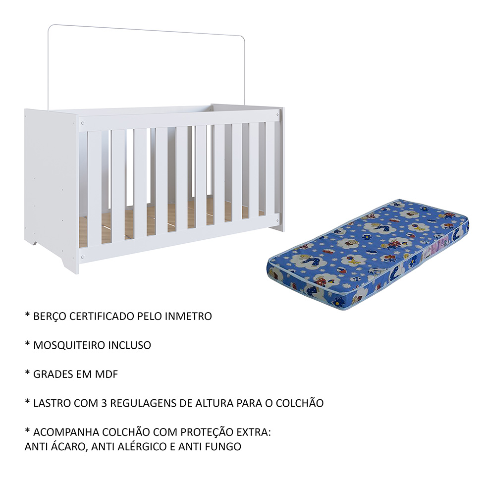 Berço com Colchão (130x60cm) Aconchego I Branco