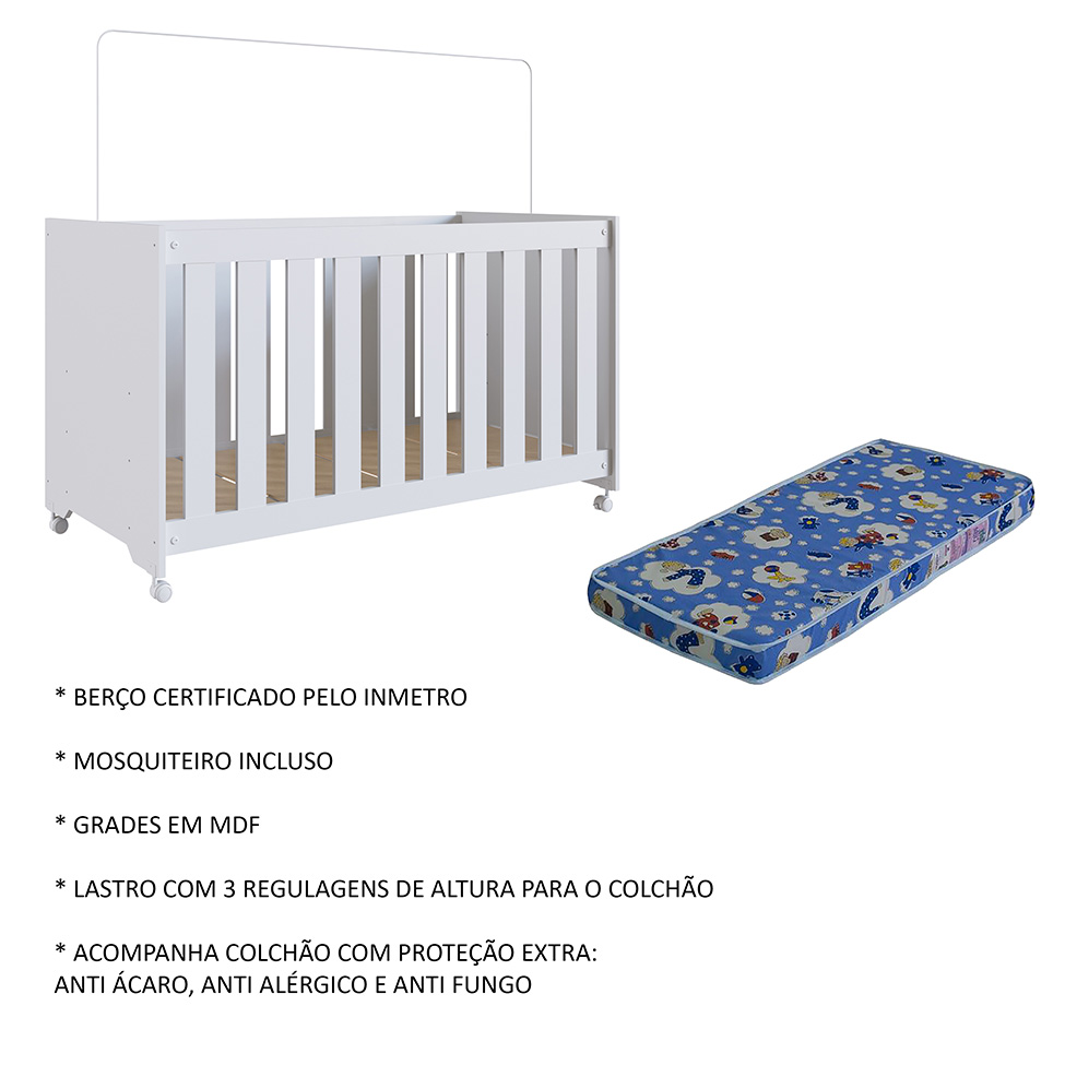 Berço com Colchão (130x60cm) Aconchego II Branco