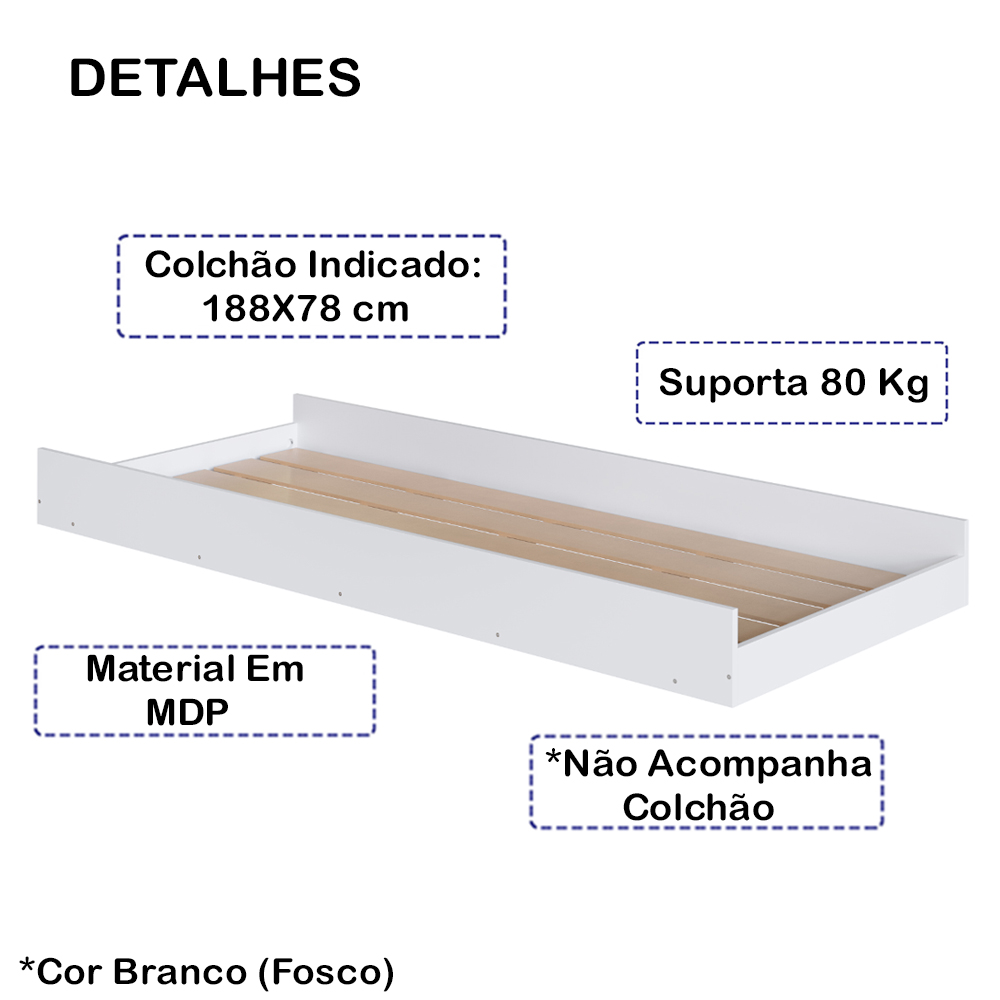Cama Auxiliar Com Rodizios BB692 Branco Comm
