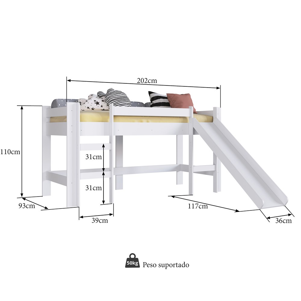 Cama Elevada Com Escorregador B1001 Branco - Completa Móveis