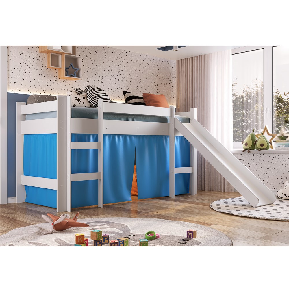 Cama Elevada Com Escorregador E Cortina BB1000 Branco/Azul - Completa Móveis