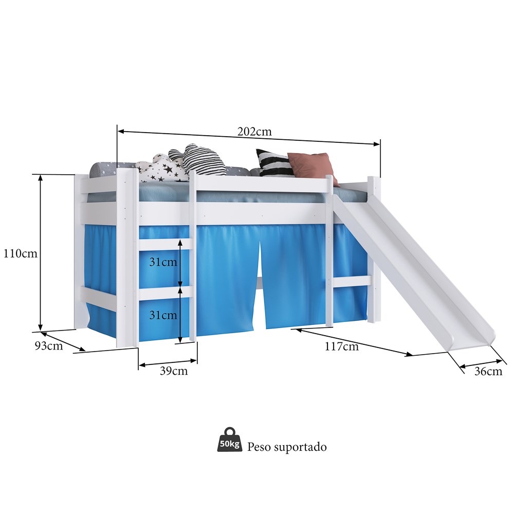 Cama Elevada Com Escorregador E Cortina BB1000 Branco/Azul - Completa Móveis