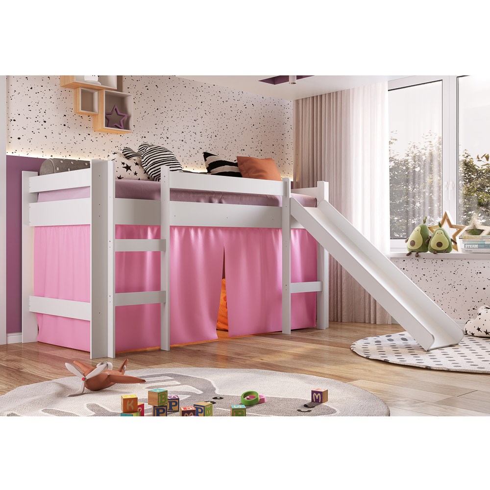 Cama Elevada Com Escorregador E Cortina BB1000 Branco/Rosa - Completa Móveis