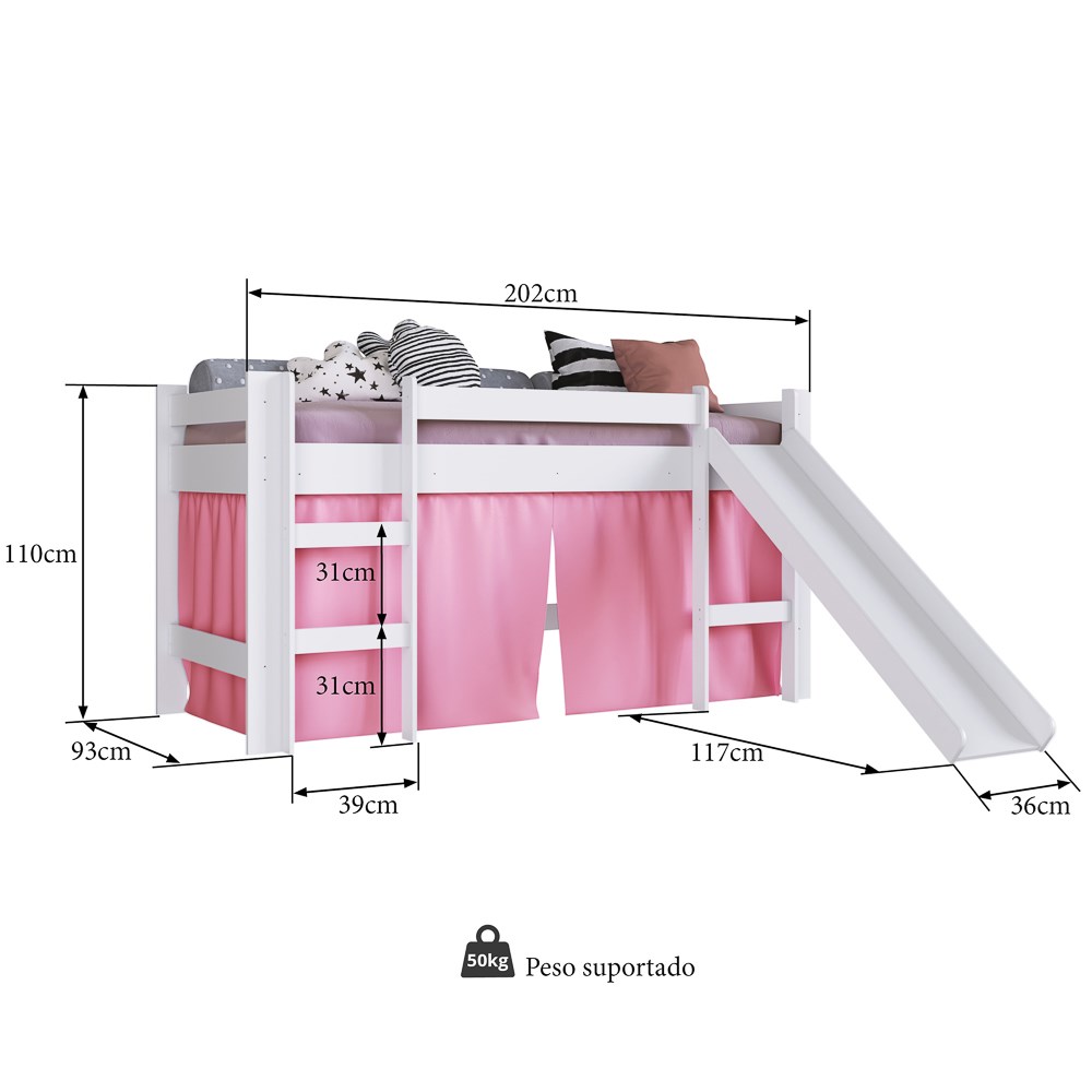 Cama Elevada Com Escorregador E Cortina BB1000 Branco/Rosa - Completa Móveis