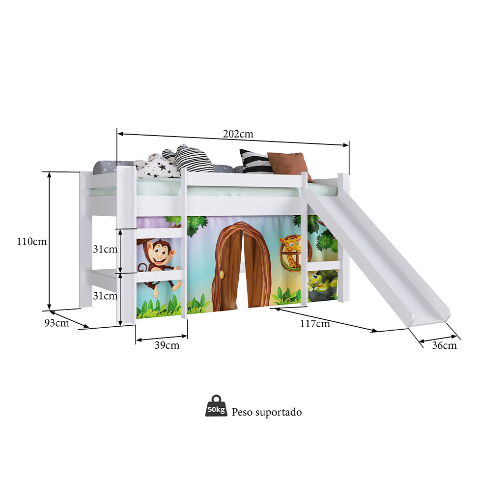 Cama Infantil Elevada com Escorregador Zoo Branca