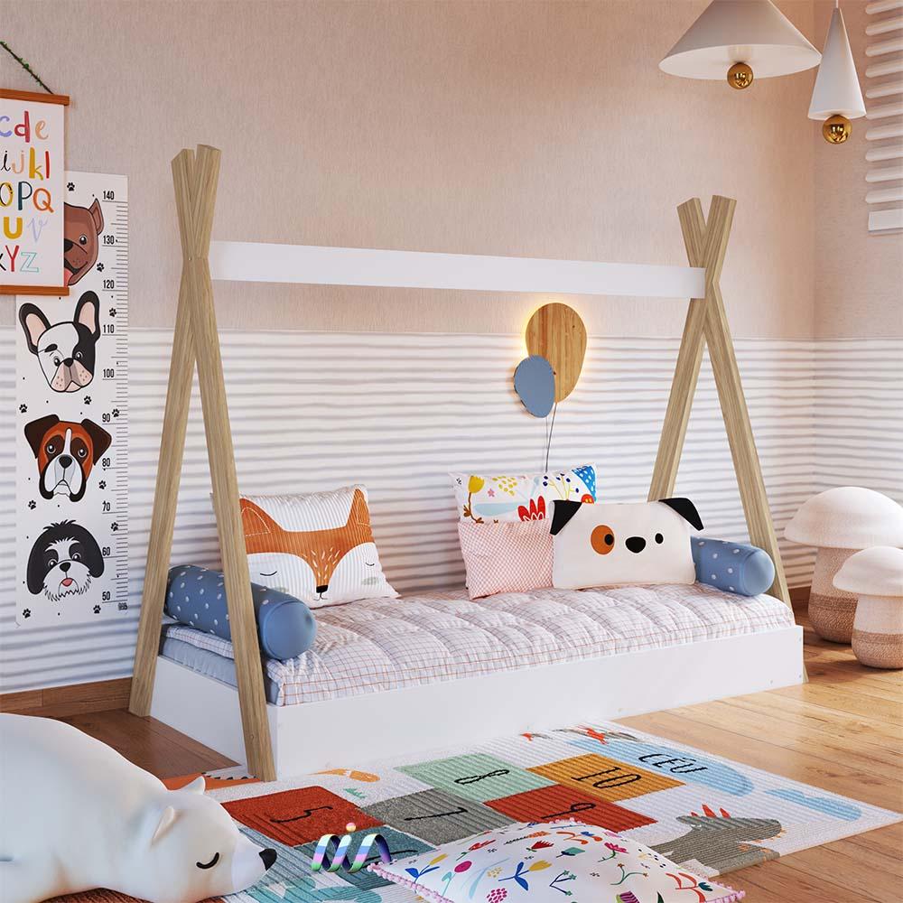 Cama Infantil Montessoriana Cabana 72cm x 158cm Branco Thaddeus Completa Móveis