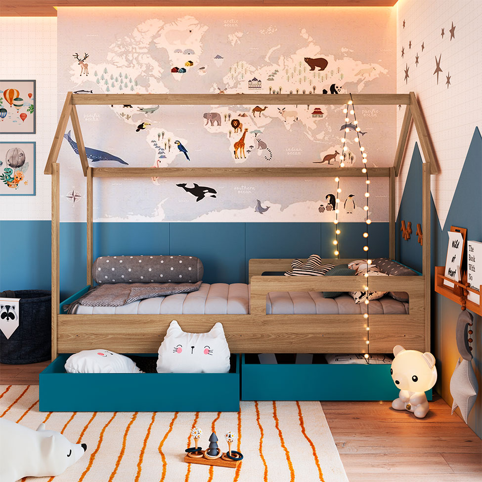 Cama Infantil Montessoriana Miney 2 GV Aveiro e Azul