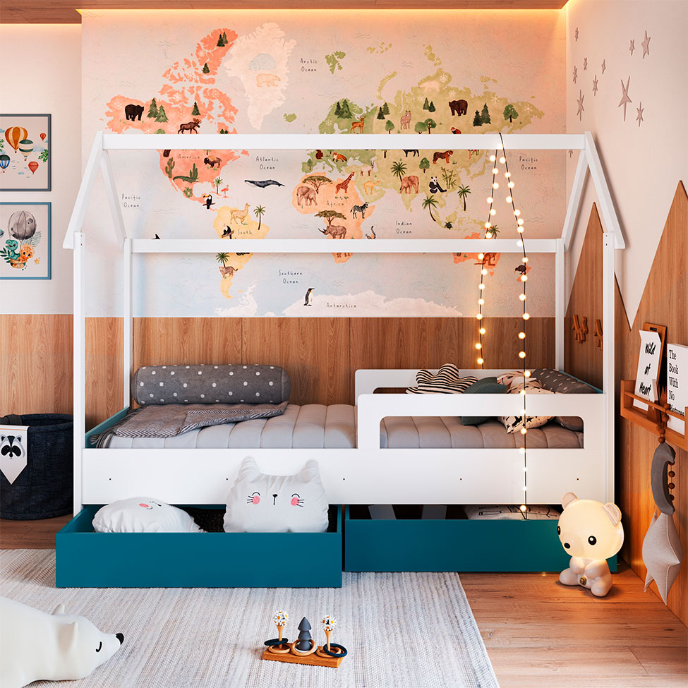 Cama Infantil Montessoriana Miney 2 GV Branco e Azul