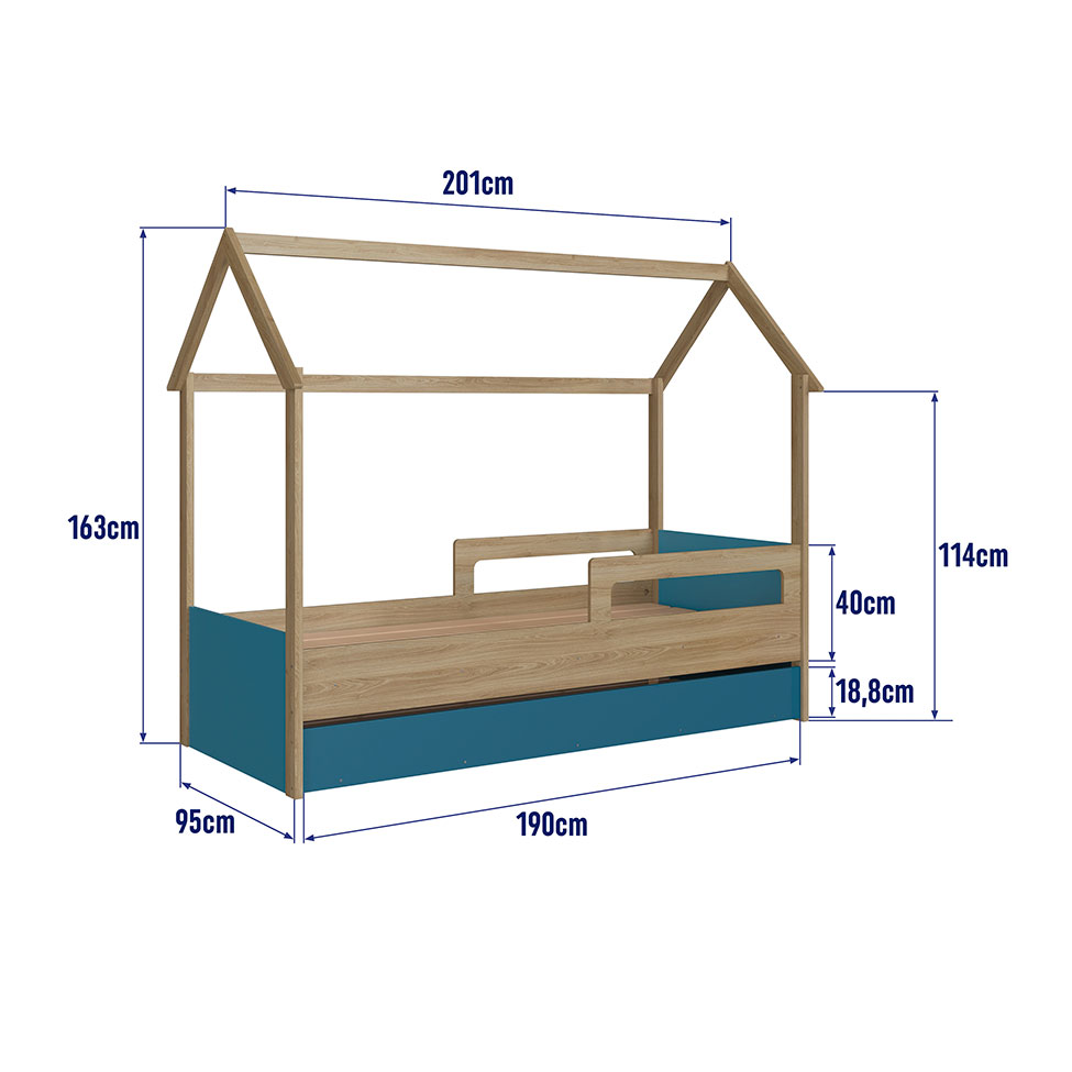 Cama Infantil Montessoriana com Cama Auxiliar Miney Aveiro e Azul