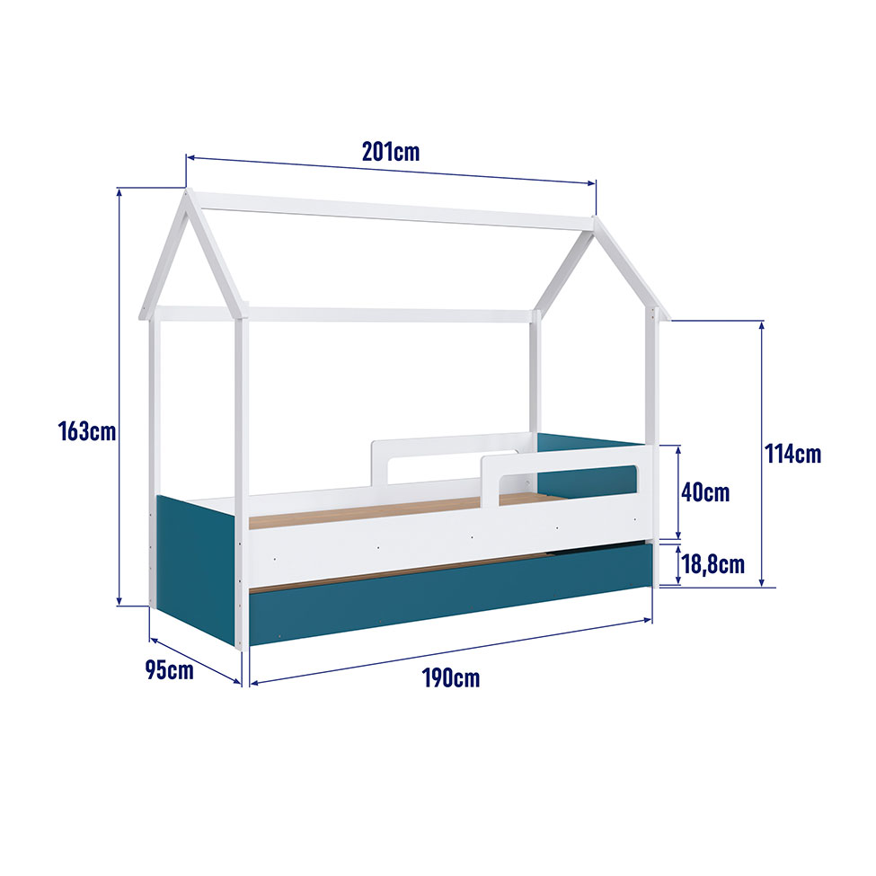 Cama Infantil Montessoriana com Cama Auxiliar Miney Branco e Azul