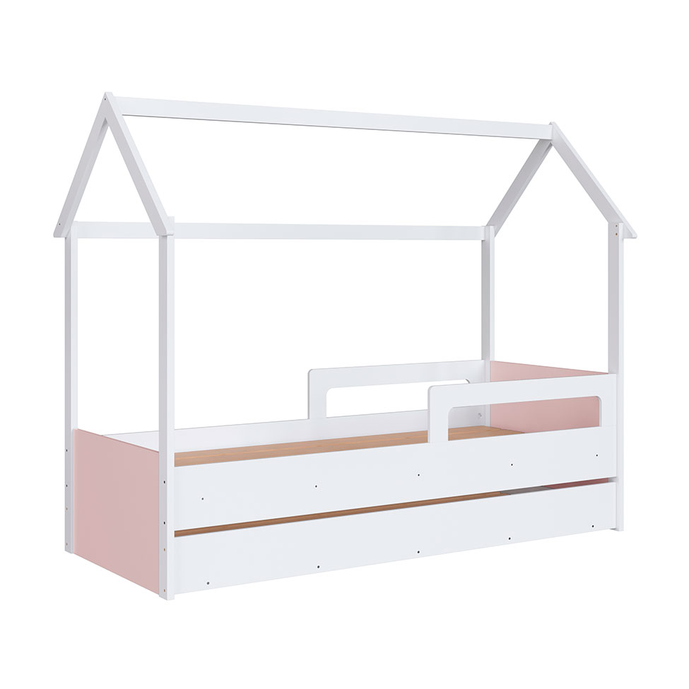 Cama Infantil Montessoriana com Cama Auxiliar Miney Branco e Rosa