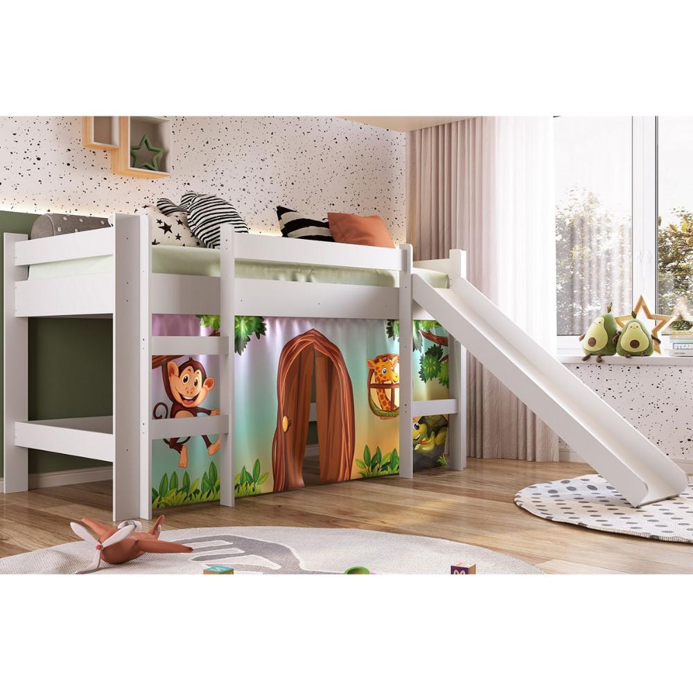 Cama Infantil com Degrau Escorregador Cortina Estampada Zoo