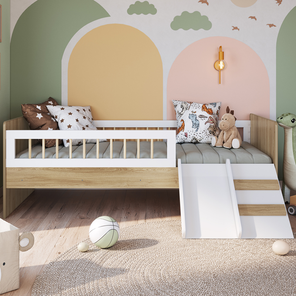 Cama Montessoriana Escada E Escorrega AFT010 Aveiro OAK Branco Comm