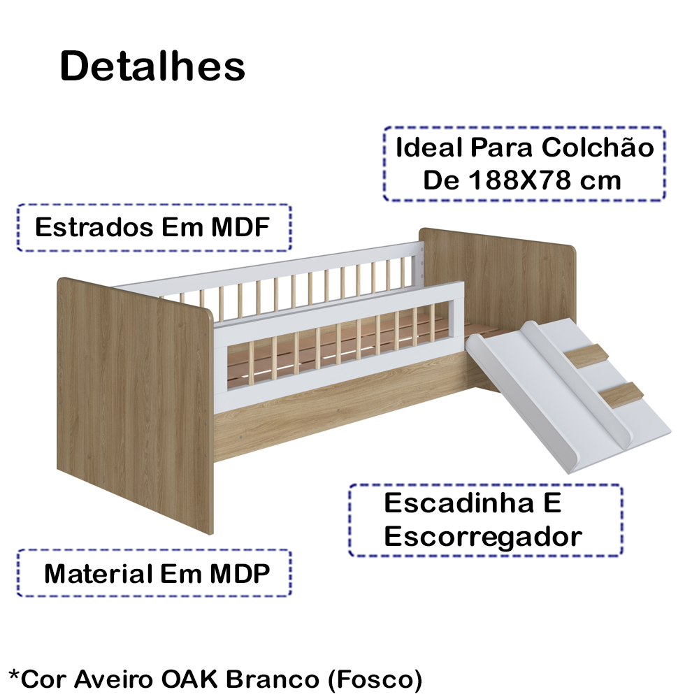 Cama Montessoriana Escada E Escorrega AFT010 Aveiro OAK Branco Comm