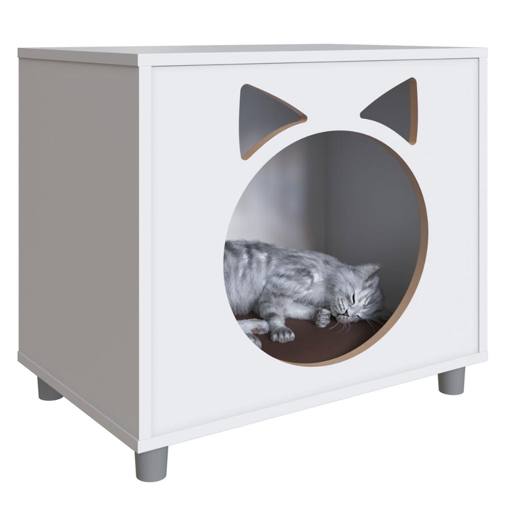 Casa Pet para Gato Branca e Almofada Marrom Completa Móveis